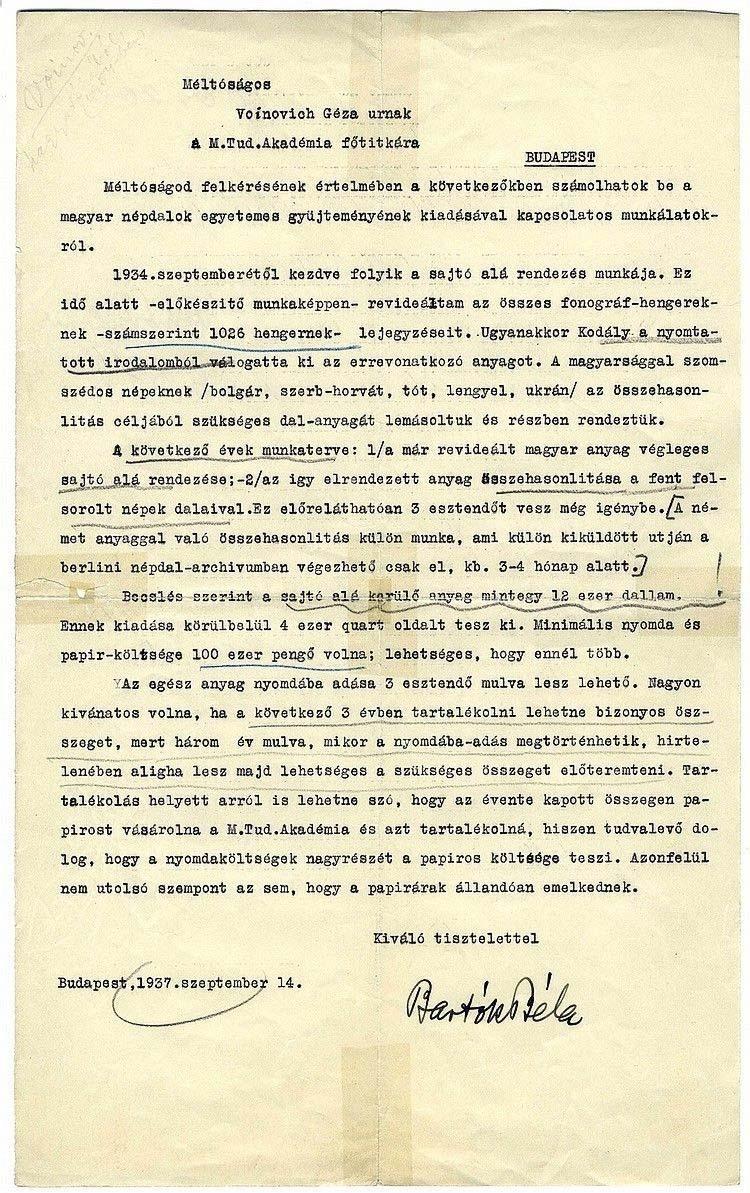 BARTÓK BÉLA LEVELEIBŐL 1937-1945* Levelek Voinovich Gézának, az MTA főtitkárának (facsimile, 1937), Veress Sándor zeneszerzőnek és Szabó Dezső írónak