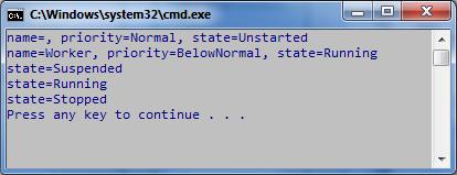 Példa: szál állapotváltozásai 1 2 3 4 5 6 7 8 9 10 11 12 13 14 15 16 17 18 19 20 21 22 23 using System; using System.