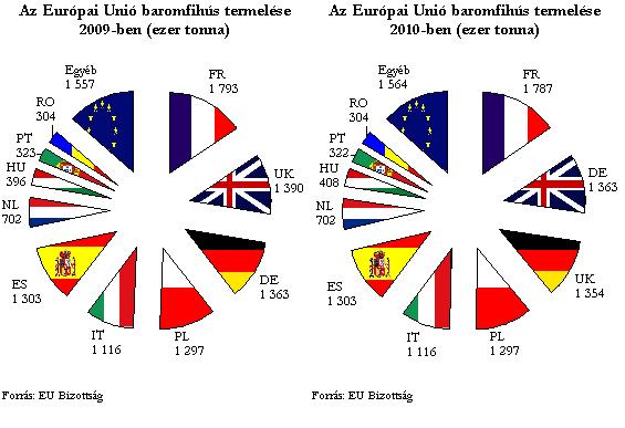 Az EU Bizottság elızetes adatai alapján a baromfihús termelés 0,3%-kal 11544 ezer tonnára mérséklıdik 2009-ben az elızı évhez képest.