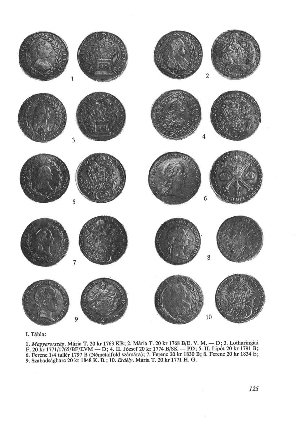 I. Tábla: 1. Magyarország, Mária T. 20 kr 1763 KB; 2. Mária T. 20 kr 1768 B/E. V. M. D; 3. Lotharingiai F. 20 kr 1771/1765/BF/EVM D; 4. II. József 20 kr 1774 B/SK PD; 5. II. Lipót 20 kr 1791 В; 6.