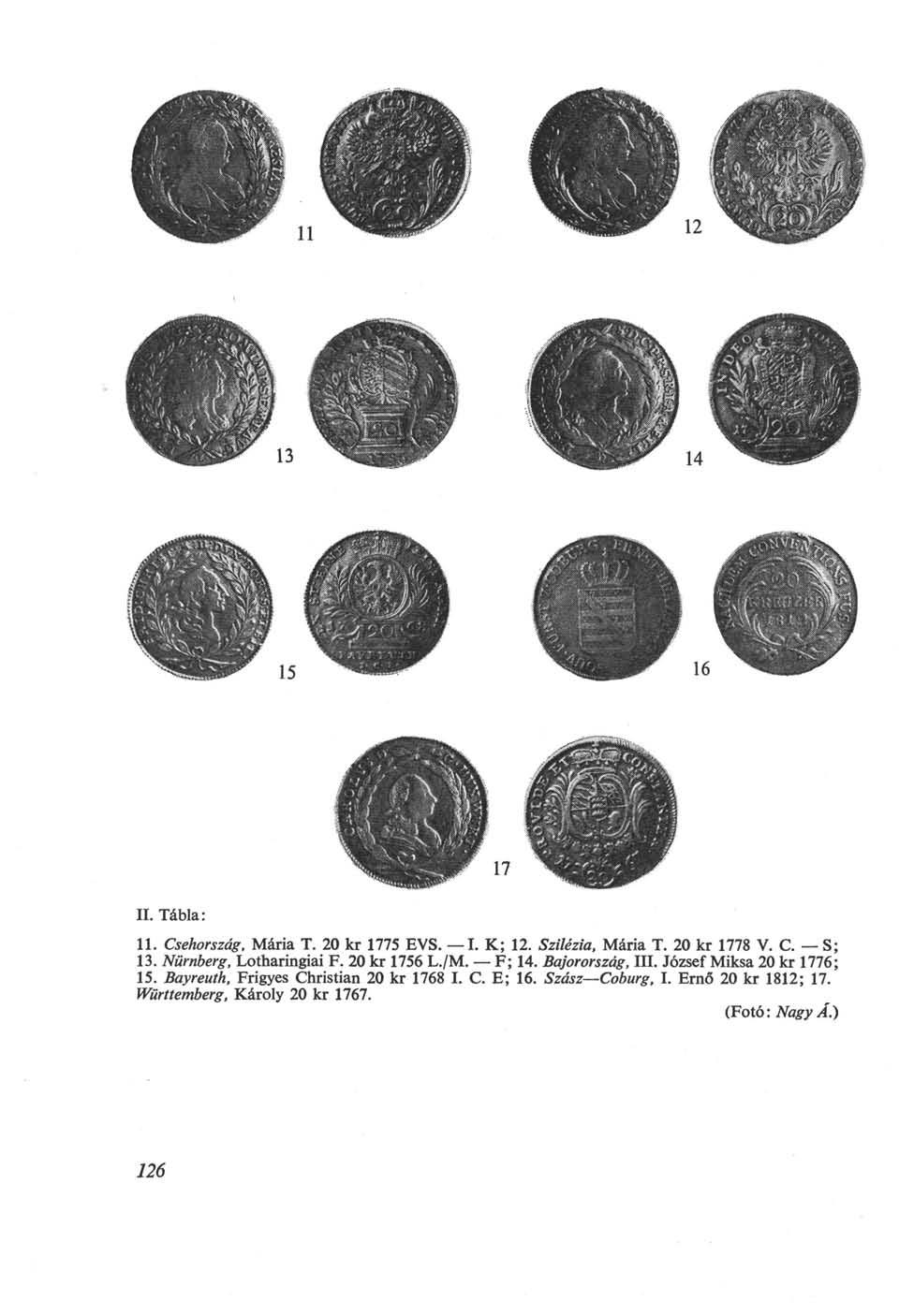 II. Tábla: 11. Csehország. Mária T. 20 kr 1775 EVS. I. К; 12. Szilézia. Mária T. 20 kr 1778 V. С. S; 13. Nürnberg, Lotharingiai F. 20 kr 1756 L./M. F; 14. Bajorország, III.