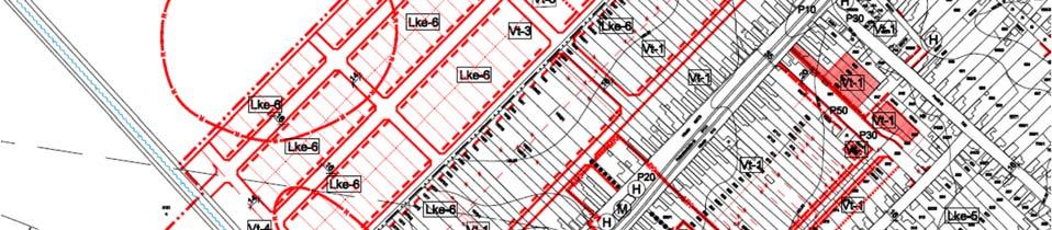 meglévő kertvárosias lakóterületi (Lke) és településközpont vegyes (Vt) területfelhasználások az út