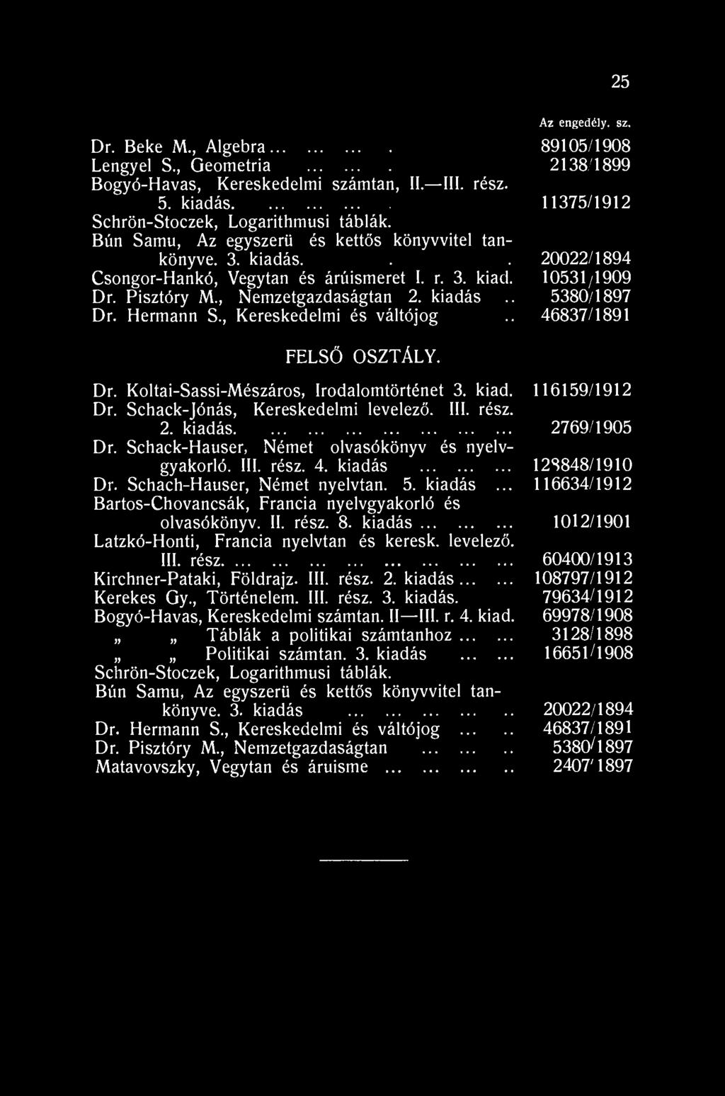 25 Dr. Beke M., Algebra Lengyel S., Geometria Bogyó-Havas, Kereskedelmi számtan, II. III. rész. 5. kiadás Schrön-Stoczek, Logarithmusi táblák Bún Samu, Az egyszerű és kettős könyvvitel tankönyve. 3.