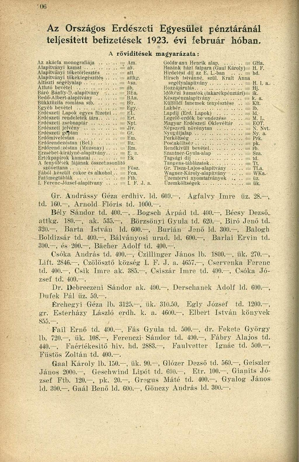 Az Országos Erdészeti Egyesület pénztáránál teljesített befizetések 1923. évi február hóban. Az akácfa monográfiája...:.:.,= Aia. Alapítványi kamat.. = ak. Alapítványi tőketörlesztés.... = att.