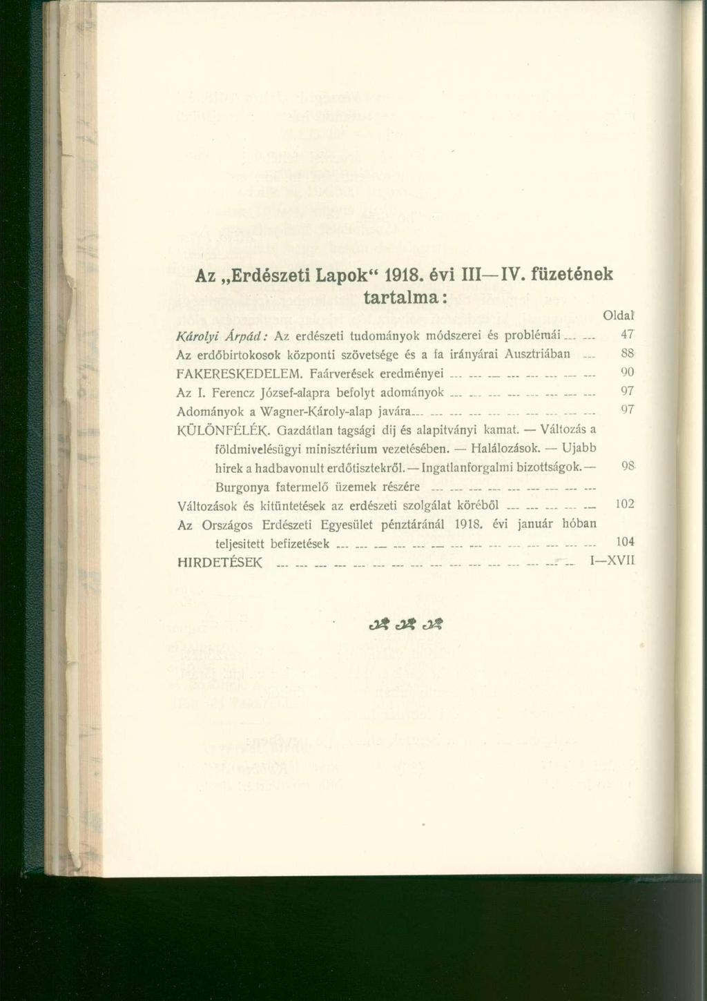 Az Erdészeti Lapok" 1918. évi III-IV.