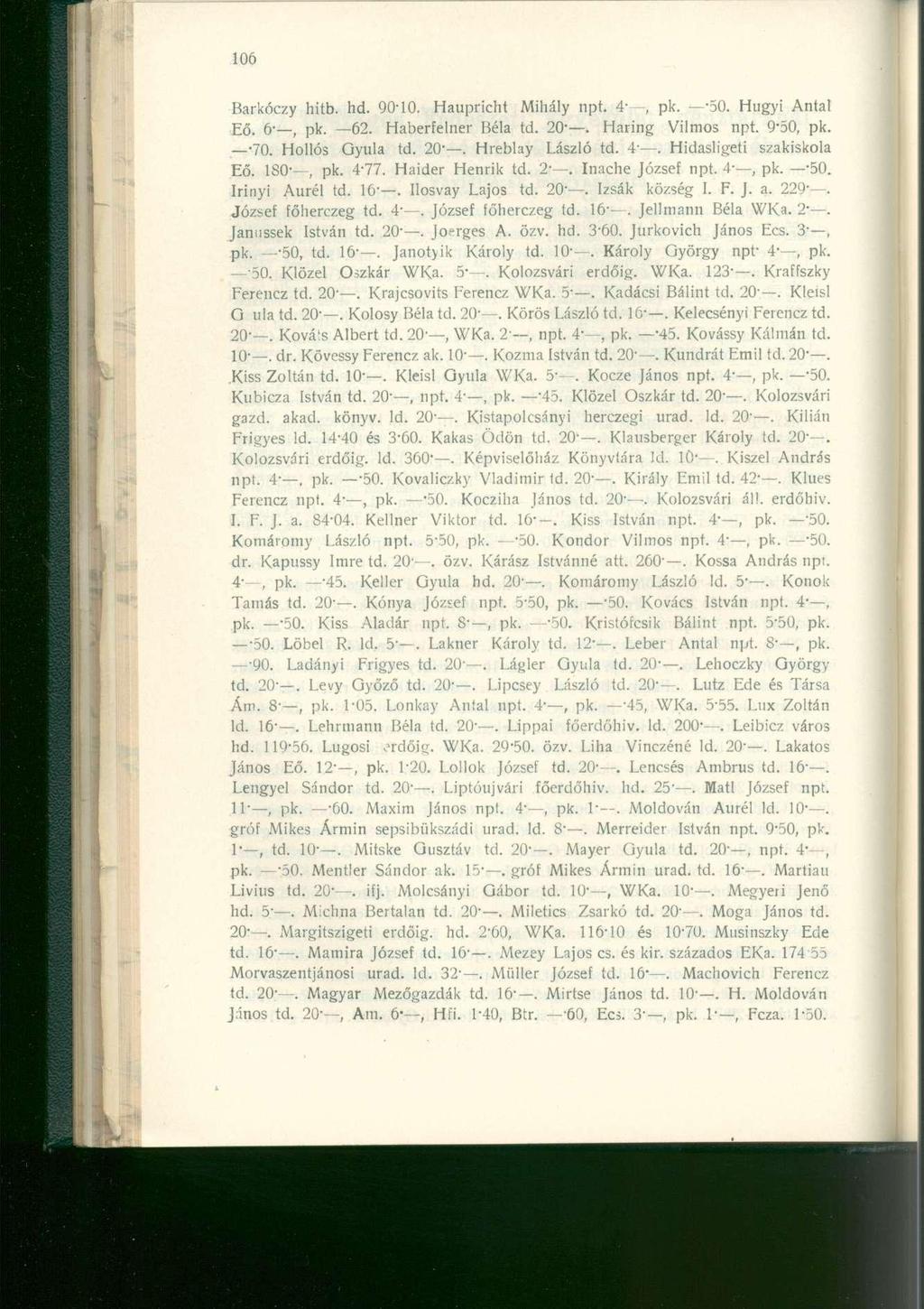 Barkóczy hitb. hd. 90T0. Hauprich t Mihál y npt. 4-, pk. -50. Hugyi Anta l Ég. 6-_ ; pk. _62. Haberfelne r Bél a td. 20-. Harin g Vilmo s npt. 9-50, pk. 70. Holló s Qyul a td. 20-. Hreblay Lászl ó td.