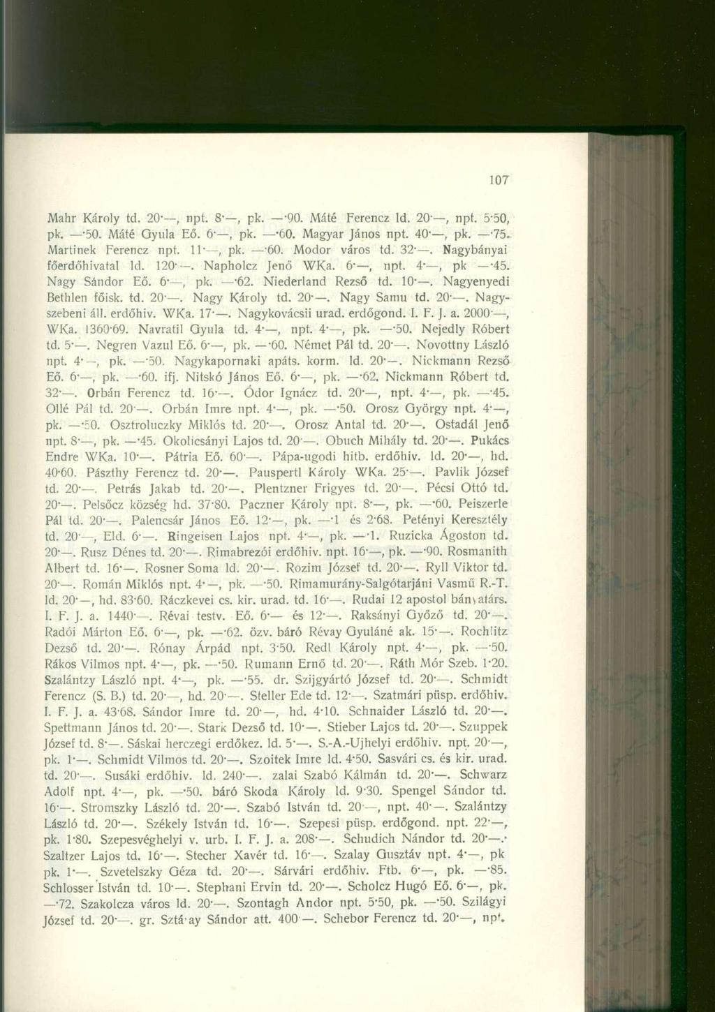 Mahr Károl y td. 20-, npt. 8-, pk. '90. Máté Ferenc z ld. 20, npt. 5-50, pk. -50. Máté Qyul a Eő. pk. -60. Magyar Jáno s npt. 40-, pk. '75. Martinék Ferenc z npt. 11", pk. '60. Modo r váro s td. 32-.