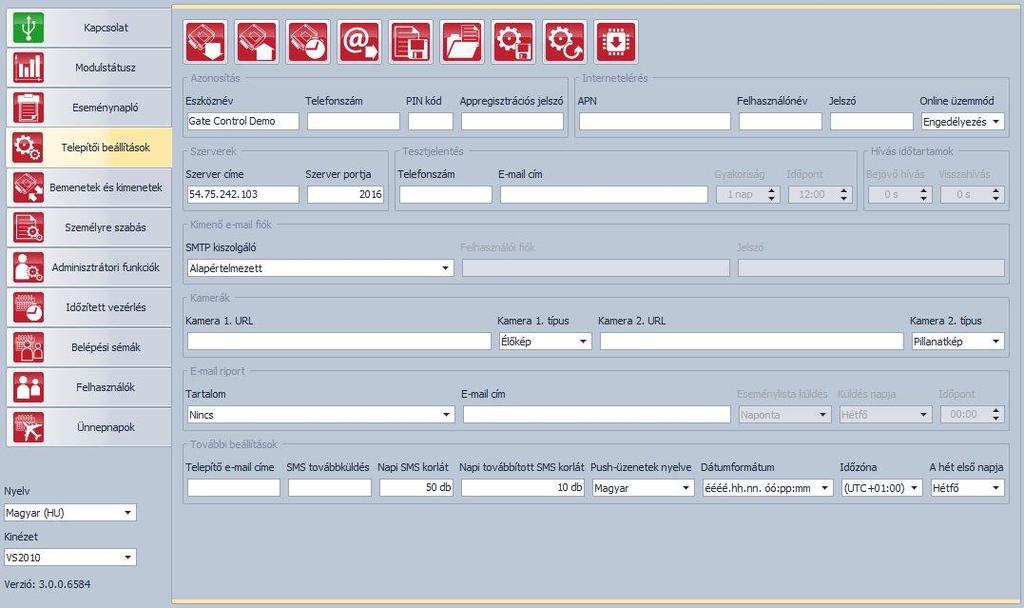 5.3 Telepítői beállítások A telepítői beállításoknál konfigurálhatók a Gate Control PRO általános működésével kapcsolatos paraméterek.