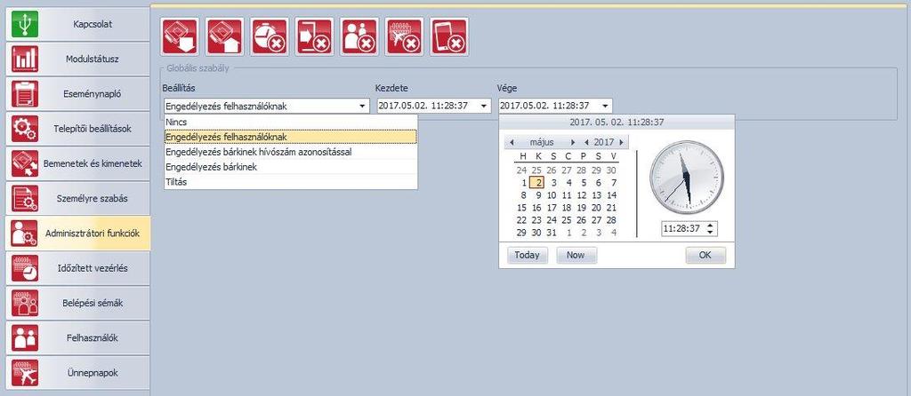 5.6 Adminisztrátori funkciók Az adminisztrátori funkcióknál végezhető el a belépési sémák, időzített vezérlési sémák, kliensazonosítók, felhasználó és ünnepnapok teljes körű törlése, valamint a