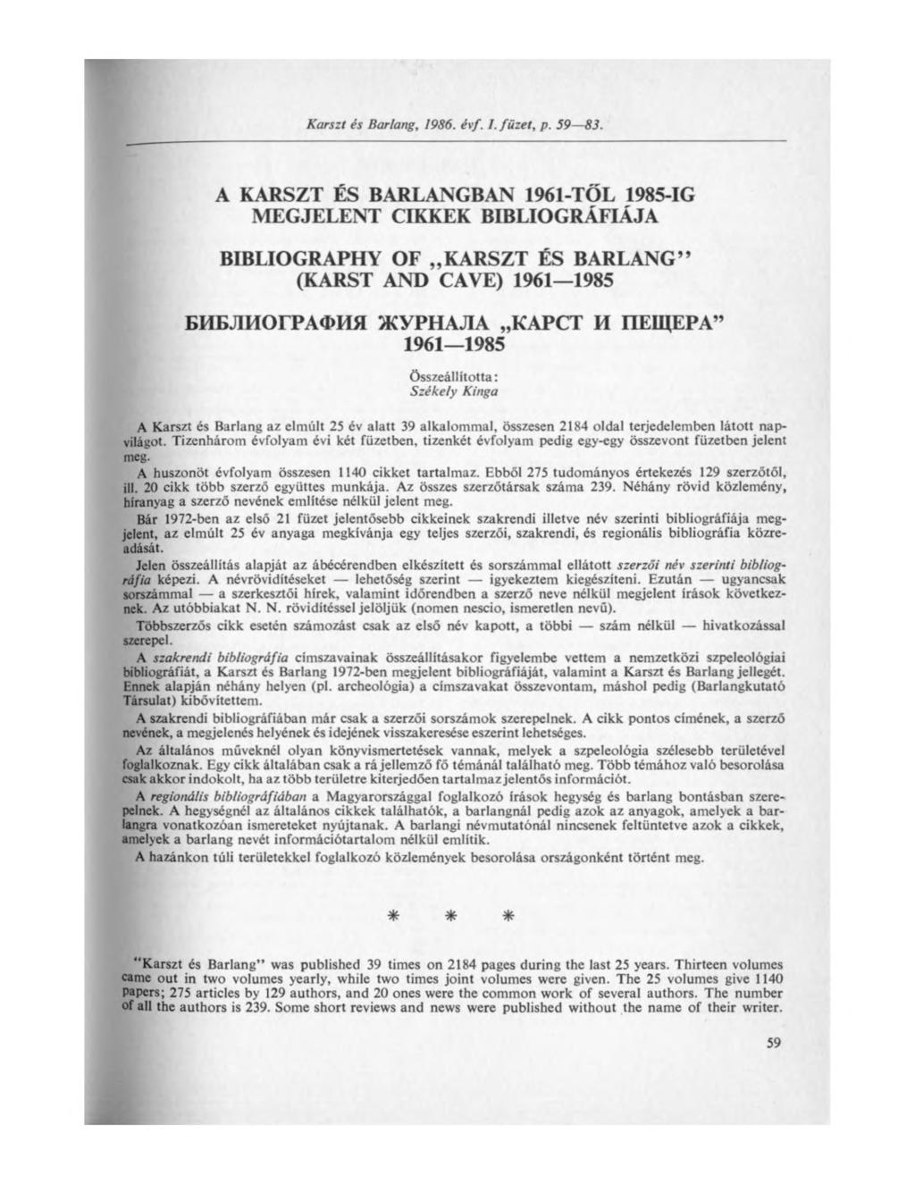 Karszt és Barlang, 1986. évf. I. füzet, p. 59 83.