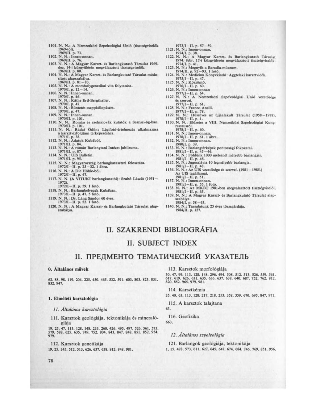 1101. N. N.: A Nemzetközi Szpeleológiai Unió (tisztségviselők 1969-től). 1969/11. p. 73. 1102. N. N.: Innen-onnan. 1969/11. p. 76. 1103. N. N.: A Magyar Karszt- és Barlangkutató Társulat 1969. dec.