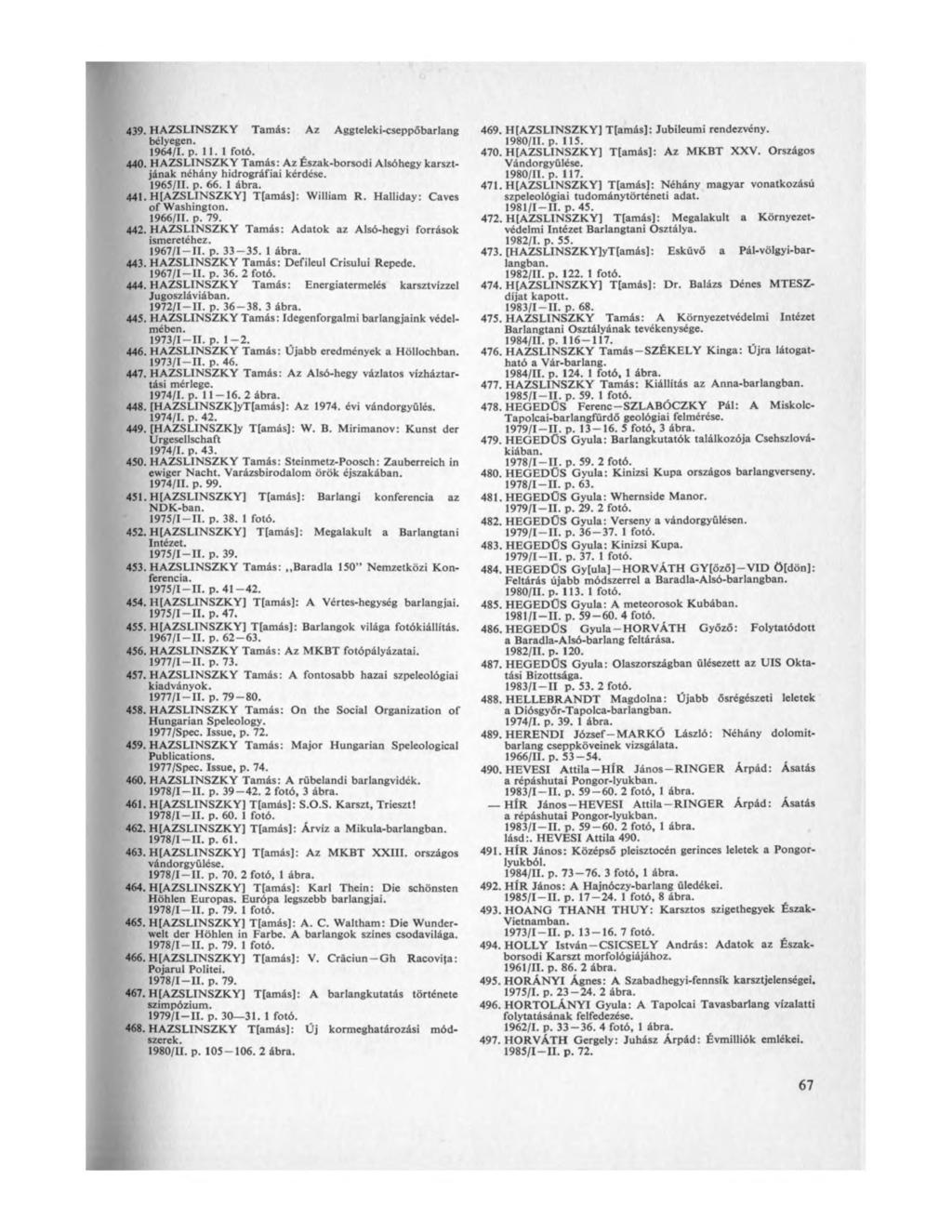 439. HAZSLINSZKY Tamás: Az Aggteleki-cseppőbarlang bélyegen. 1964/1. p. 11. 1 fotó. 440. HAZSLINSZKY Tamás: Az Észak-borsodi Alsóhegy kasztjának néhány hidrográfiai kérdése. 1965/11. p. 66. 1 ábra.