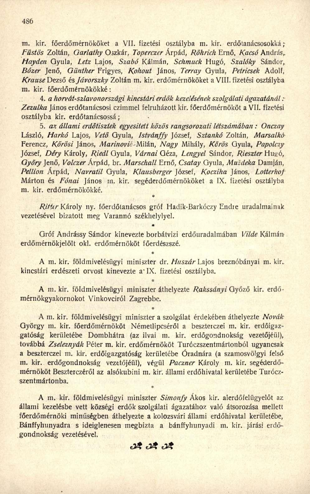 m. kir. főerdőmérnököket a VII. fizetési osztályba m. kir. erdőtanácsosokká; Füstös Zoltán, Garlathy Oszkár, Toperczer Árpád, Röhrich Ernő, Kacsó András,.