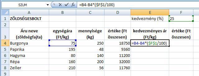 helyzete másolás közben nem változott meg. Ez a relatív hivatkozás. cellába a képlet már ez: =B6*C6.