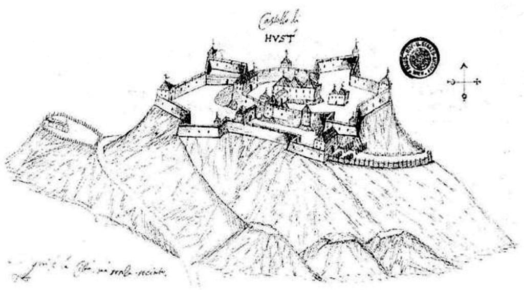 6. ábra. Cesare Porta rajza (1600) Az Alsóvár egyetlen, négyszög alaprajzú bástyája, a Kisvárta 12 méterrel alacsonyabban feküdt a Középső vár szintjétől.