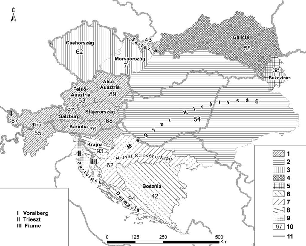 pedig Magyarországon élt.) Nagyságrendben a következő etnikum a lengyel volt, amely lényegében Galíciában koncentrálódott.