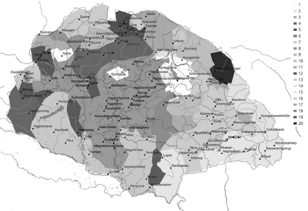 4.b ábra. Formális (hasonlósági) régiók Magyarországon 27 indikátor alapján 20 klaszter esetén 1910-ben (Demeter G. és Szulovszky J. szerk. 2018) Irodalom BAJMÓCY P. BALIZS D.