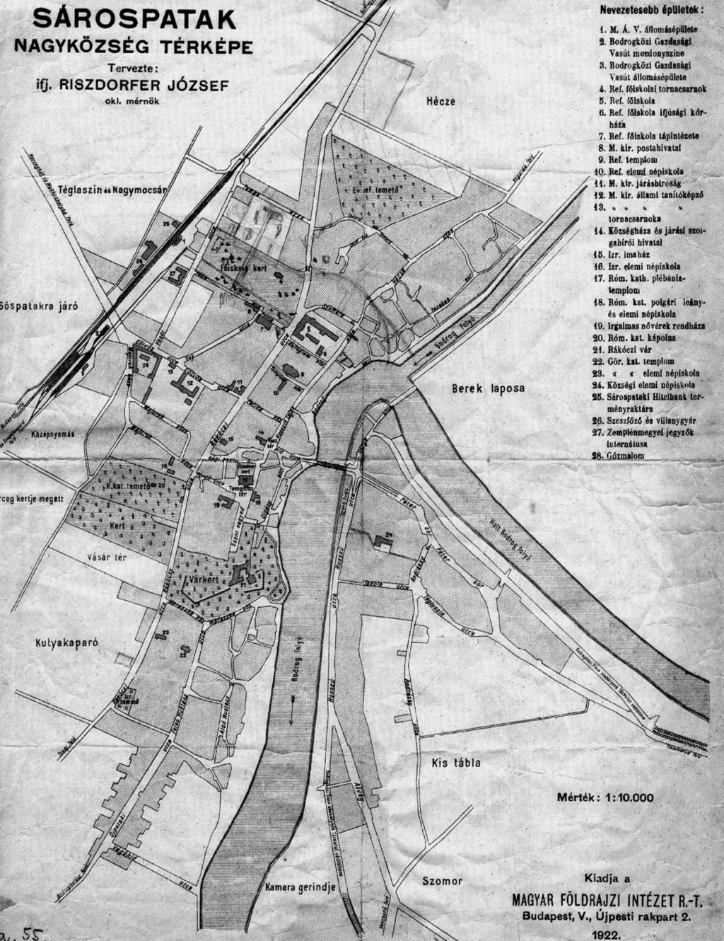 4. kép. Ifj. Riszdorfer József: Sárospatak nagyközség térképe (1922) A térképeken kertek, templomok, temetők is megfigyelhetőek. Az Ótemetőbe a XVII.