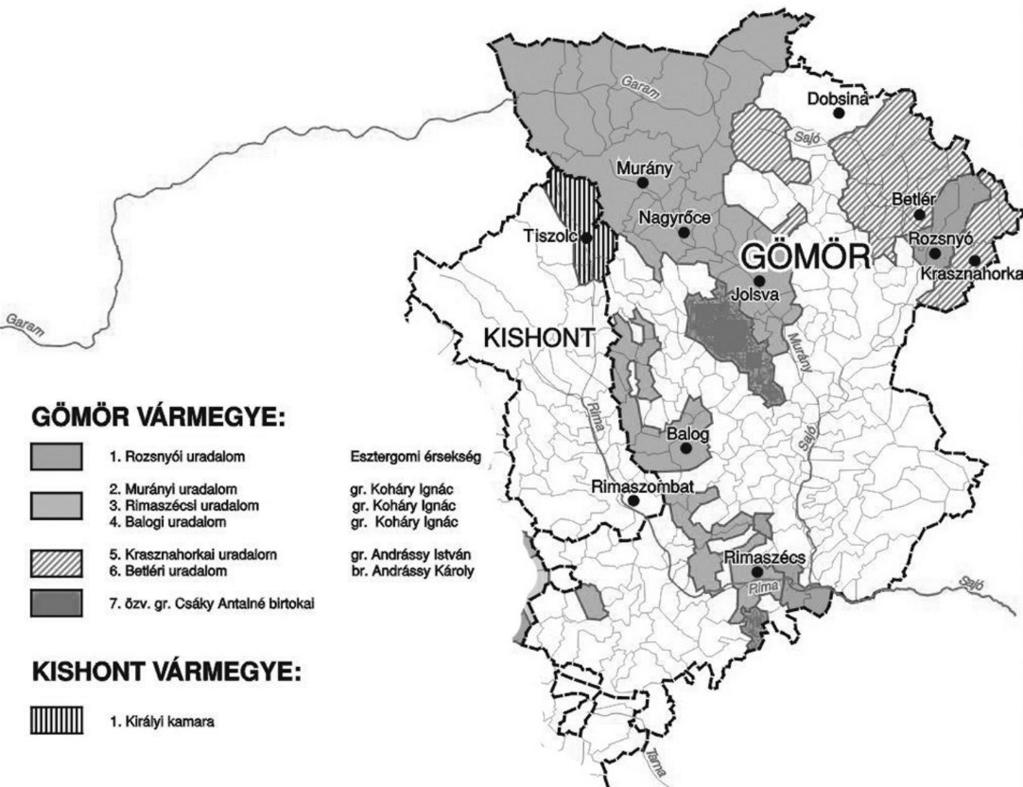4. ábra. Uradalmak, összefüggő nemesi birtokok az 1767-as úrbérrendezés idején (Fónagy Z. 2013) 3.4. Sáros vármegye kiterjedése és határai a Lexicon locorum szerint Sáros vármegye öt járásra tagolódott a Zombori, a Dezsőffy, a Semsei, a Keceri, és a Makovicaira (Tóth S.