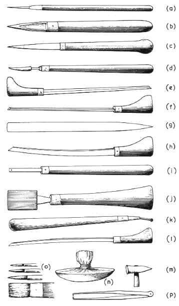 Maratott eljárások: karcok (a) rézkarctű, (b) kaparó, (c) kaparó, (d) görbített simító, (e) rézmetsző, (f) véső, (g) mezzotinto véső, (h) pontvonal metsző, (i)