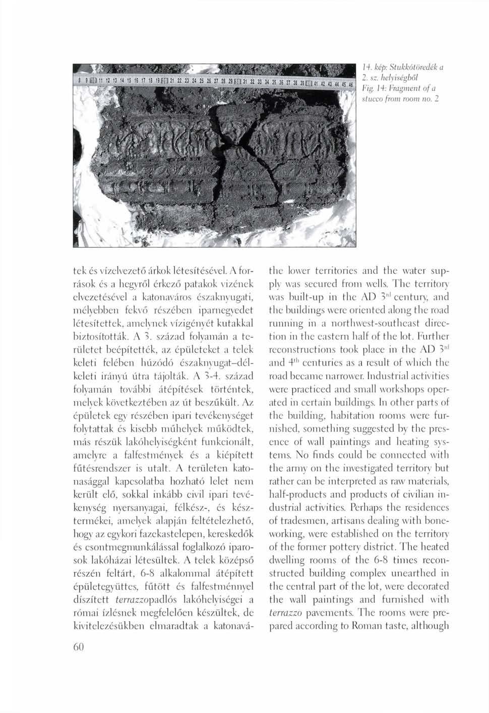 14. kép: Stukkótöredék a 2. sz. helyiségből Fig. 14: Fragment of a stucco from room no. 2 tek és vízelvezető árkok létesítésével.