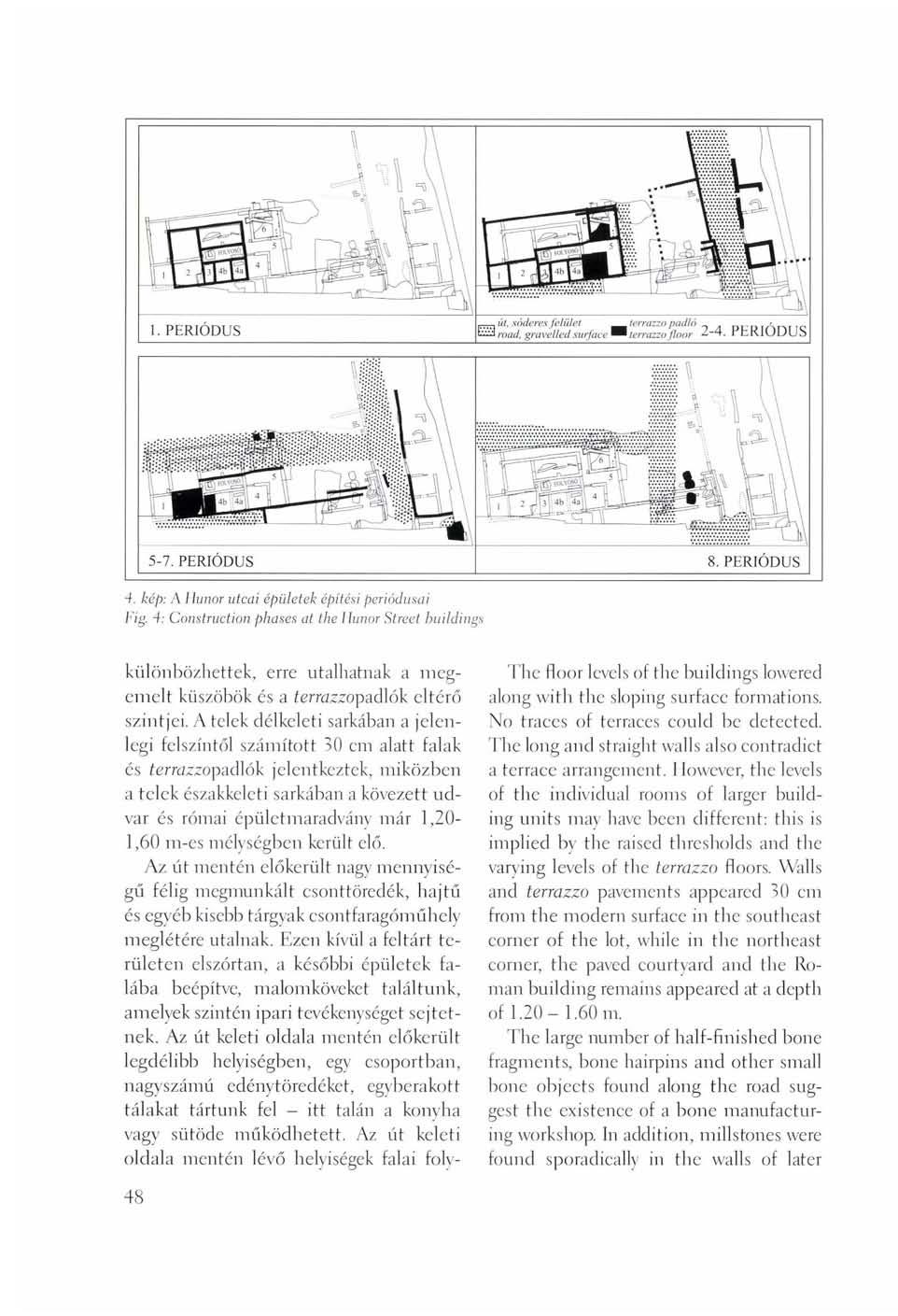4. kép: A Hunor utcai épületek építési periódusai Fig. -i: Construction phases at the Hunor Street buildings különbözhettek, erre utalhatnak a megemelt küszöbök és a íerrazzopadlók eltérő szintjei.