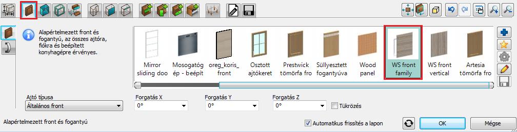 132 4. Workshop: Konyhatervezés Alapértelmezett határoló bútorlapok Válassza ki a WS front vertical oldallapot.
