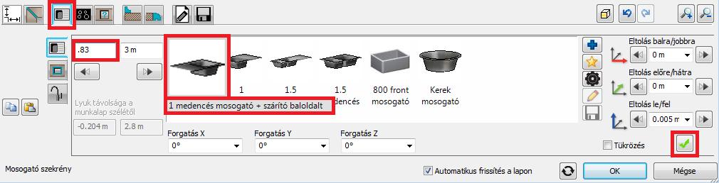 pozícióba: Forgatás Z: +45, Eltolás balra/jobbra: -0.