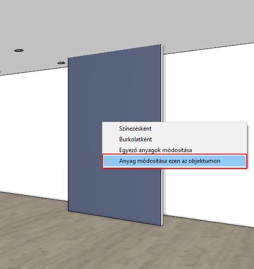 Az előugró menüből válassza az Anyag módosítása ezen az objektumon parancsot. Kattintson a falfelületre. A render ablakban nézze meg a változásokat.