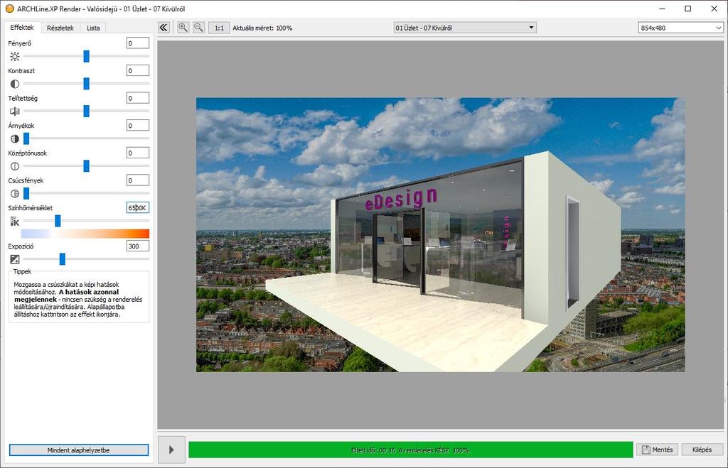 7. Workshop: Rendering 261 Ha a Renderelés indítása parancsra kattint, elindul a renderelő és az eddig ismert módon változtathatók a beállítások itt is.