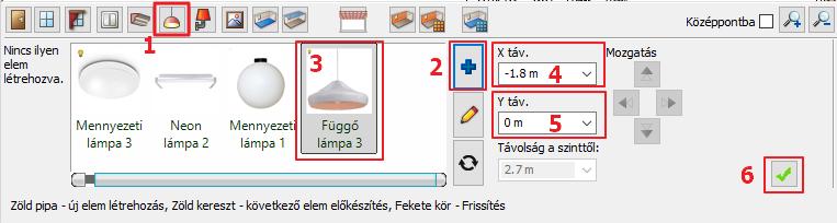1. Workshop: Nappali tervezés 33 Függő lámpa A Függő lámpa 3 lámpa hiányzik a Kedvencek közül, ezért meg kell keresnünk a könyvtárban: Kattintson a Kék plusz ikonra (2), A megjelenő Lámpák ablakban