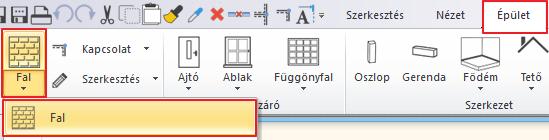 2. Workshop: ARCHLine.XP Alapozó 61 Adott hosszúságú fal rajzolása Nyissa ki a Menüszalag / Épület eszközcsoportját és kattintson rá az ott látható Fal eszközre.