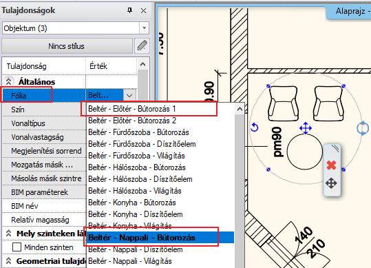 92 2. Workshop: ARCHLine.XP Alapozó A három objektum a Beltér Nappali Bútorozás fólián helyezkedik el.