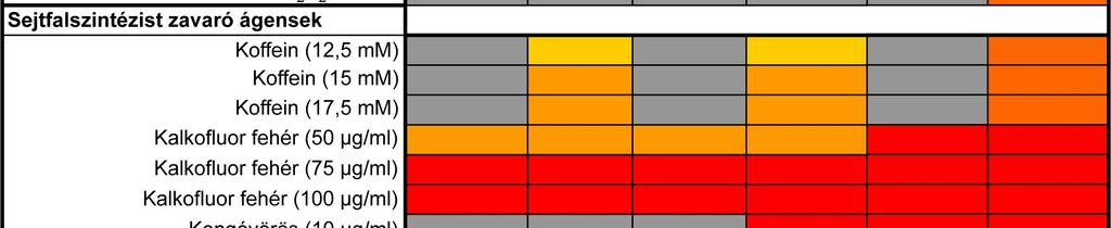 A CR 25 µg/ml vagy annál nagyobb koncentrációban alkalmazva 37 ºC-on megakadályozta nemcsak az echinokandin evolvált törzsek növekedését, hanem a szülői törzsét is (9. ábra, *).