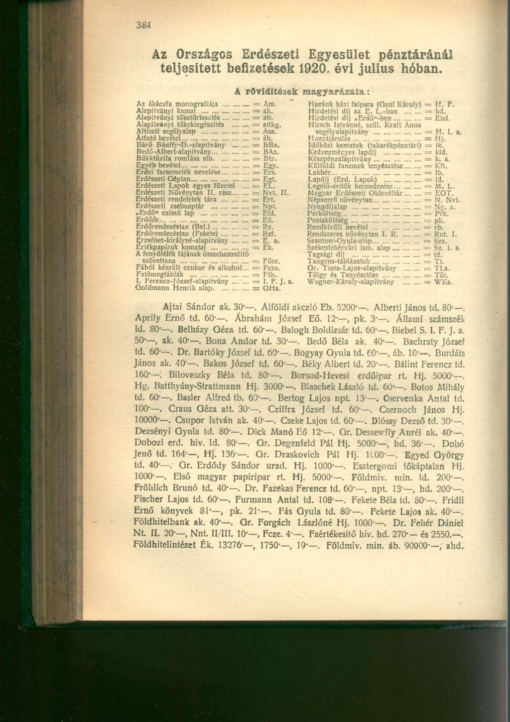 Az Országos Erdészeti Egyesület pénztáránál teljesített befizetések 1920, évi július hóban. A rövidítések Az ákáczfa monográfiája Alapítványi kamat _ : Am. : ak.