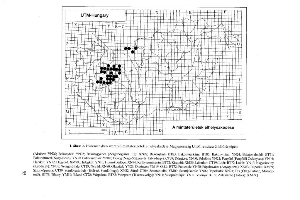 . ábra: A közleményben szereplő mintaterületek elhelyezkedése Magyarország UTM rendszerű hálótérképén (Alsóörs: YN20; Bakonybél: YN03; Bakonygyepes (Zergebogláros TT): XN92; Bakonykúti: BT83;