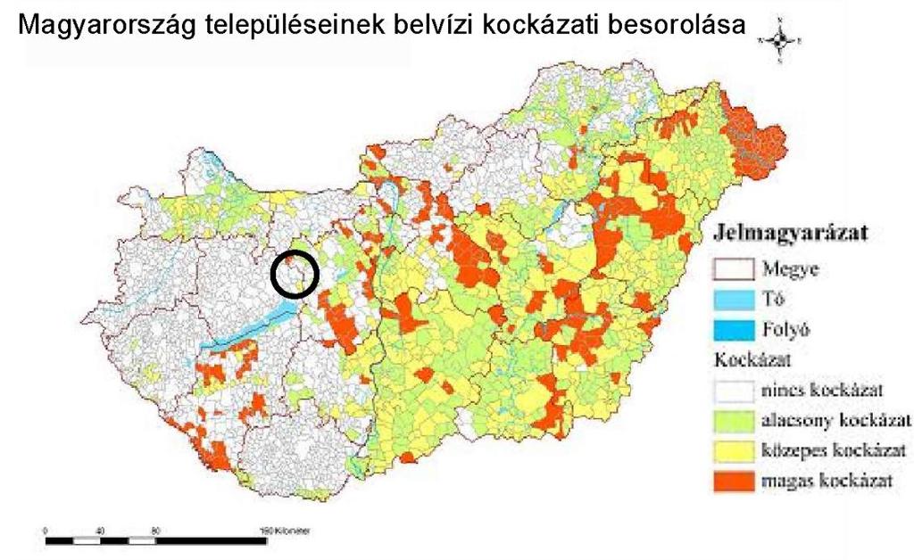 77. ábra: Magyarország településeinek belvízi kockázati besorolása (Forrás: Ár- és belvíz, valamint villámárvíz kockázat értékelése hazánkban, http://www.vedelem.hu) 1.18.2.3.
