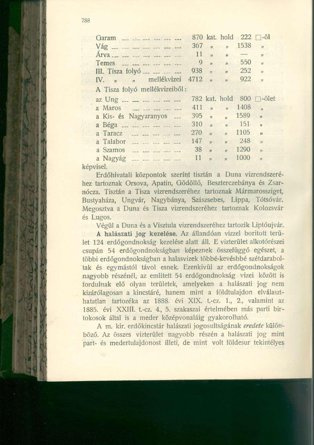 Garam Vág 367 Árva 11 Temes...... 9 III. Tisza folyó 938 IV.» mellékvizei 4712 A Tisza folyó mellékvizeiből: az Ung a Maros....... Kis- és Nagy arany os... Béga Taracz.