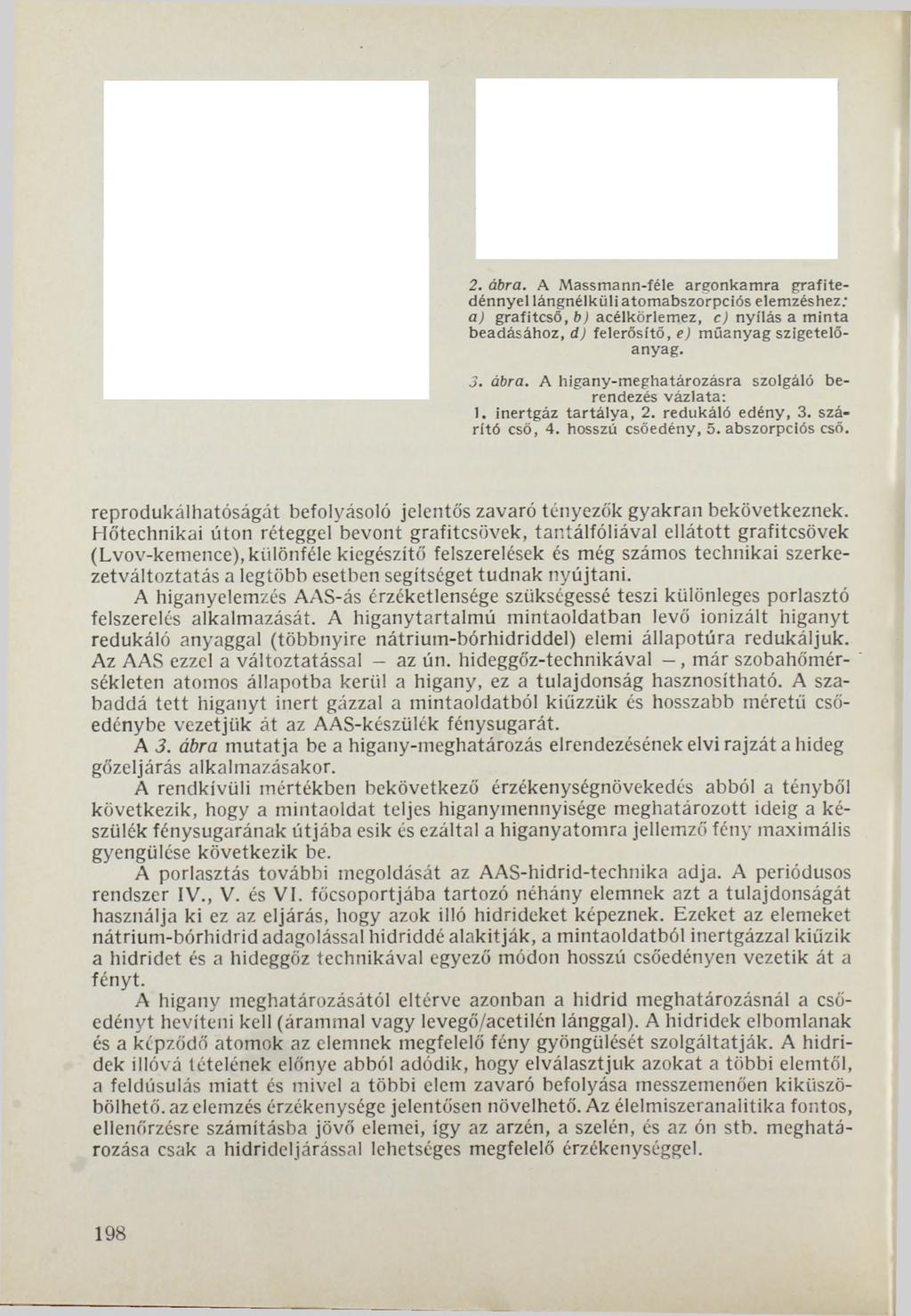 2. ábra. A Massmann-féle argonkam ra g ra fite dénnyel lángnélküli atom abszorpciós elemzéshez; a) grafitcső, b) acélkörlemez, c) nyílás a m in ta beadásához, d) felerősítő, e) műanyag szigetelőanyag.