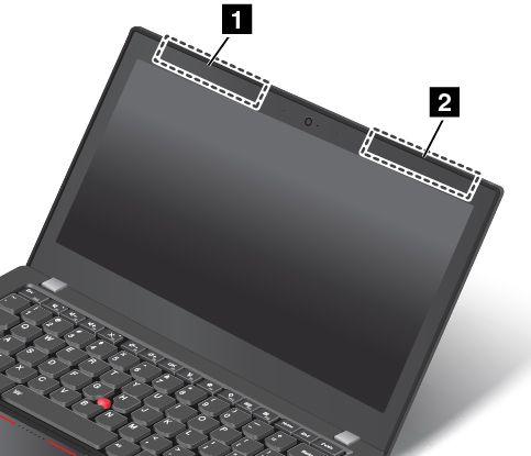 A. függelék Szabályozással kapcsolatos információk Az UltraConnect rádiós antennák elhelyezkedése A ThinkPad modellek az optimális vétel érdekében a kijelzőbe beépített elhalkulásmentes