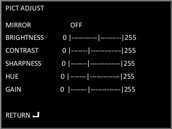 3.2.5 PICT ADJUST Kép beállítások 1. MIRROR- Tükrözés ON értékre állítva a kép jobb és bal oldala felcserélődik 2. BRIGTNESS Fényerő beállítása (0 255) 3. CONTRAST Kontraszt beállítása (0 255) 4.