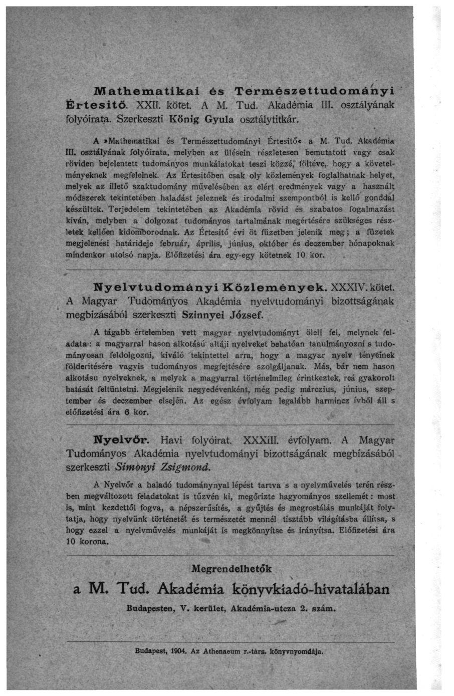 Mathematikai és Természettudományi Értesítő. XXII. kötet. A M. Tud. Akadémia III.