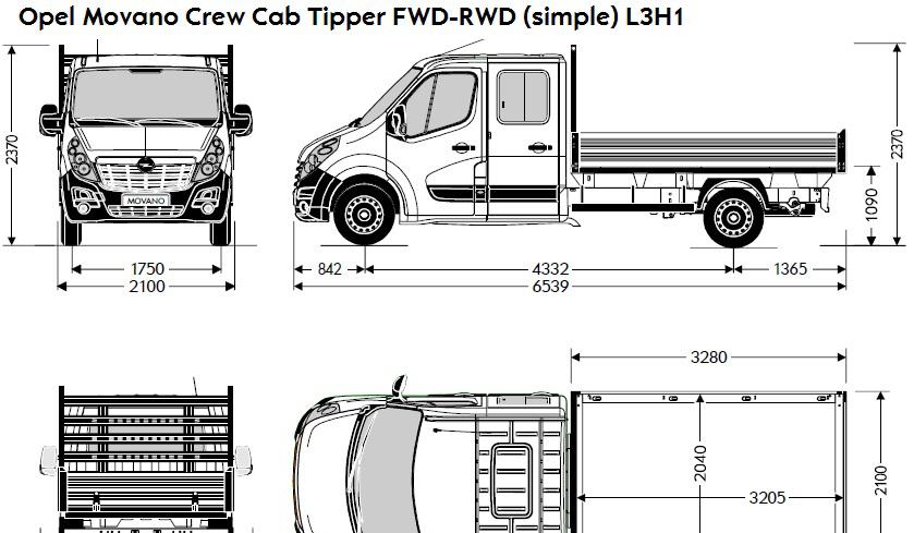 Műszaki Adatok Movano Crew Cab Tipper elsőkerékmeghajtás (FWD) & hátsókerékmeghajtás (RWD) Méretek úly és terhelhetőség LH1 FWD LH1 RWDszimpla LH1.5t RWDdupla LH1 4.