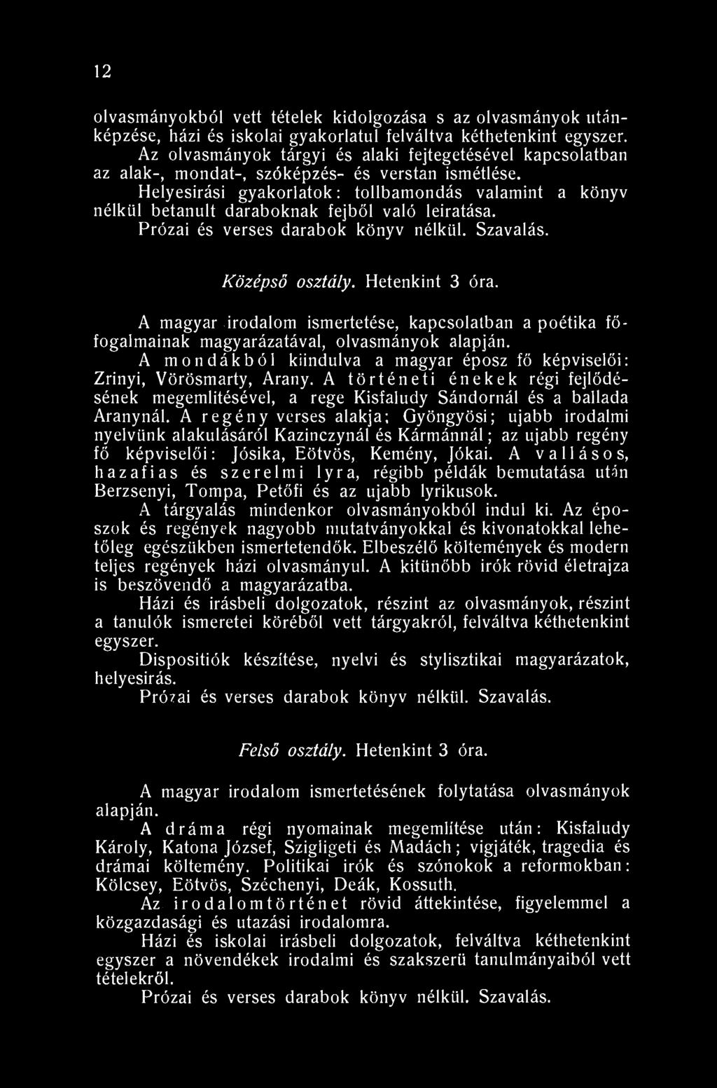 12 olvasmányokból vett tételek kidolgozása s az olvasmányok utánképzése, házi és iskolai gyakorlatul felváltva kéthetenkint egyszer.