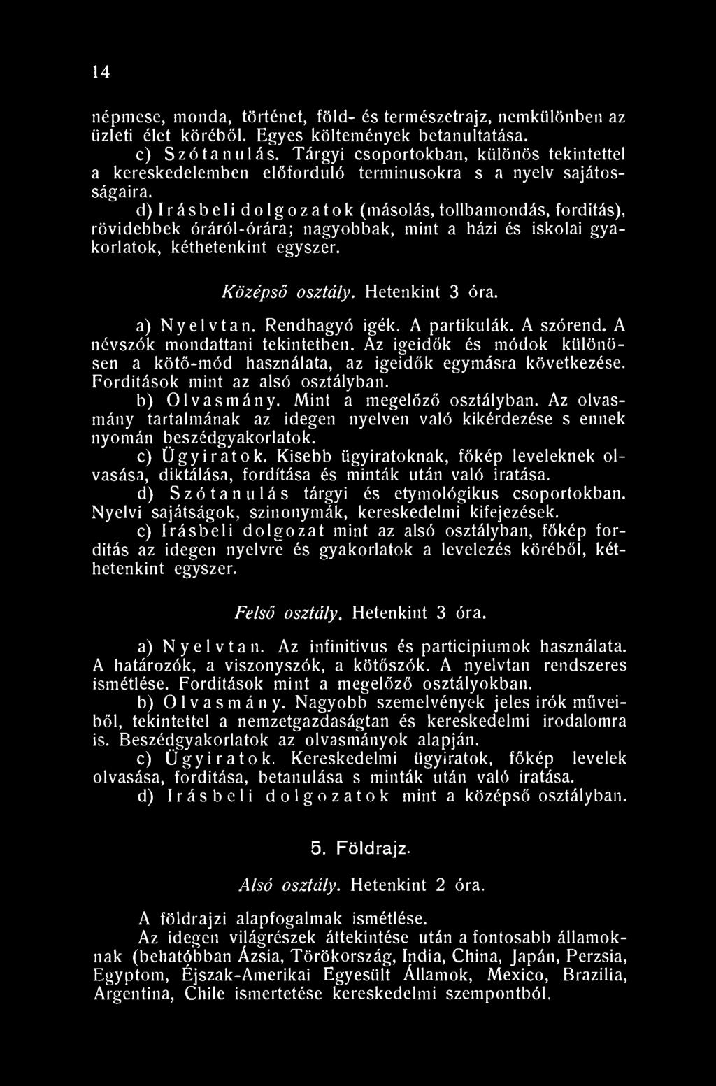 14 népmese, monda, történet, föld- és természetrajz, nemkülönben az üzleti élet köréből. Egyes költemények betanultatása. c) Szó tanulás.