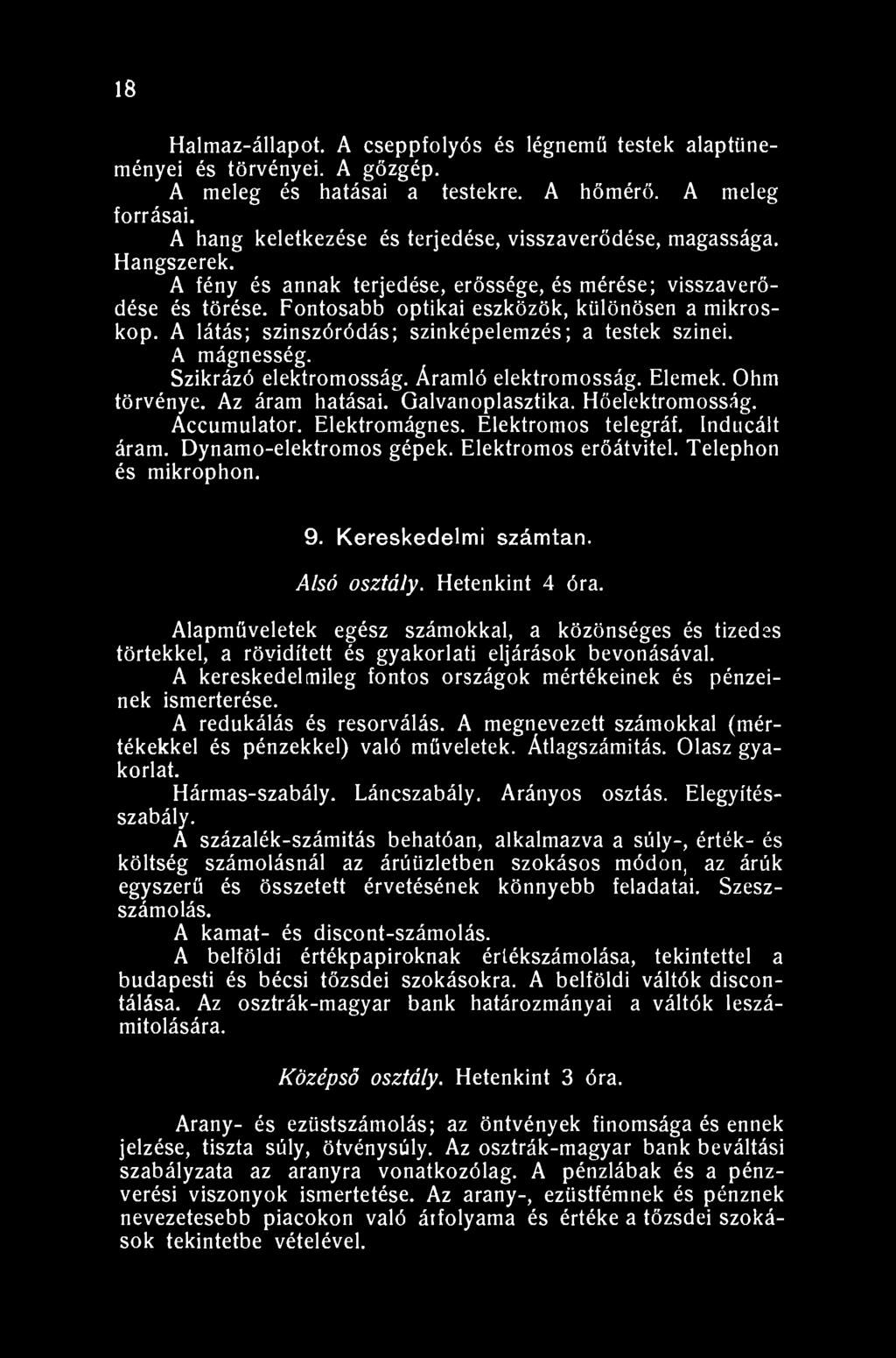 A látás; szinszóródás; színképelemzés; a testek szinei. A mágnesség. Szikrázó elektromosság. Áramló elektromosság. Elemek. Ohm törvénye. Az áram hatásai. Galvanoplasztika. Hőelektromosság.