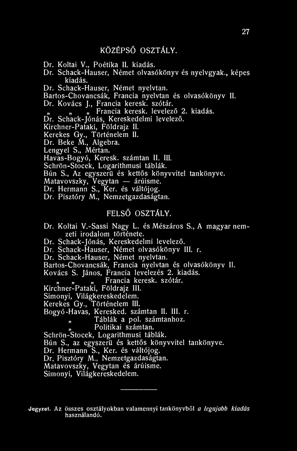 27 KÖZÉPSŐ OSZTÁLY. Dr. Koltai V., Poétika II. kiadás. Dr. Schack-Hauser, Német olvasókönyv és nyelvgyak., képes kiadás. Dr. Schack-Hauser, Német nyelvtan.