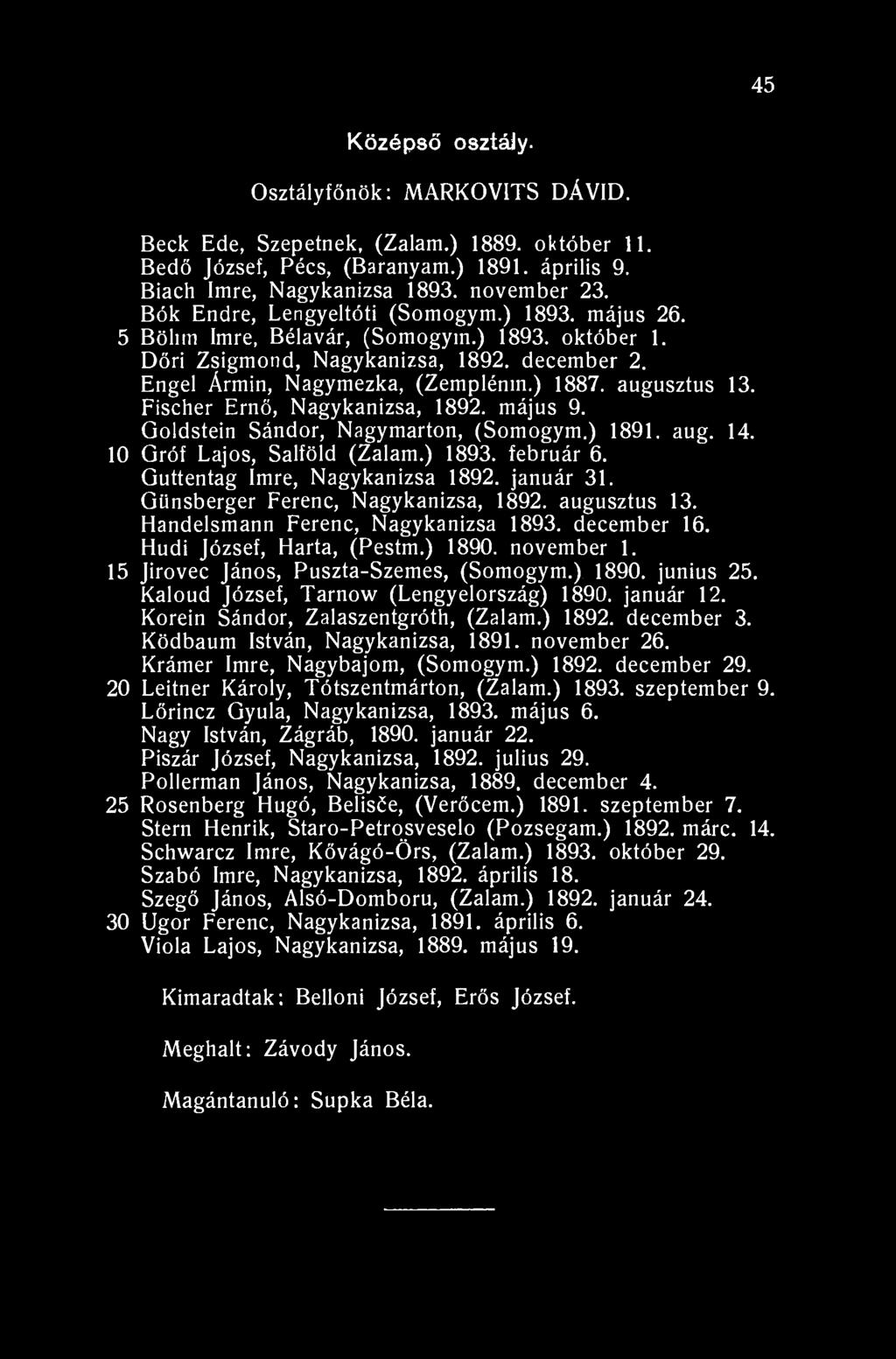 45 Középső osztály. Osztályfőnök: MARKOVITS DÁVID. Beck Ede, Szepetnek, (Zalam.) 1889. október 11. Bedő József, Pécs, (Baranyam.) 1891. április 9. Biach Imre, Nagykanizsa 1893. november 23.