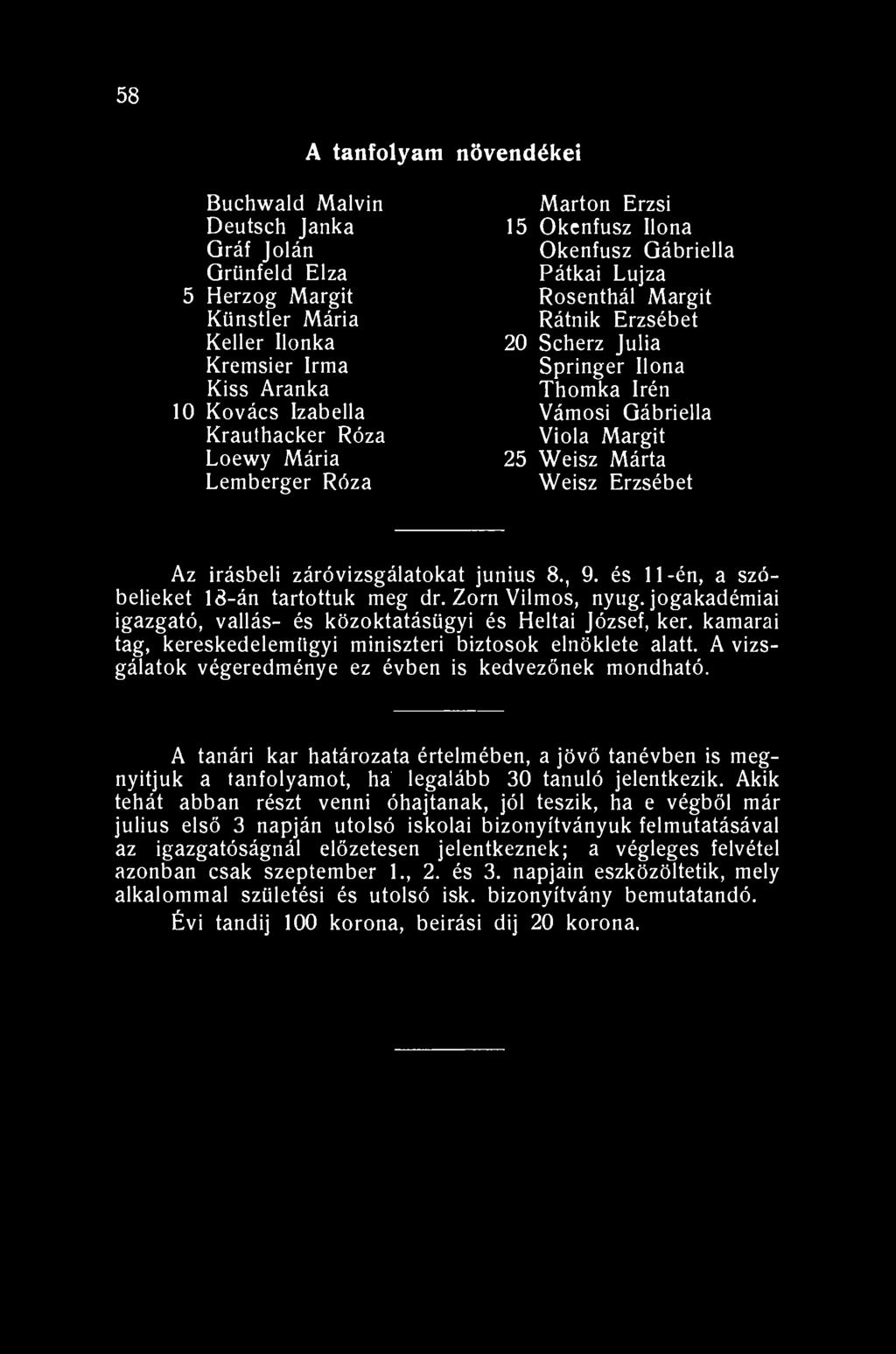 58 A tanfolyam növendékei Buchwald Malvin Deutsch Janka Gráf Jolán Grünfeld Elza 5 Herzog Margit Künstler Mária Keller Ilonka Kremsier Irma Kiss Aranka 10 Kovács Izabella Krauthacker Róza Loewy Mária