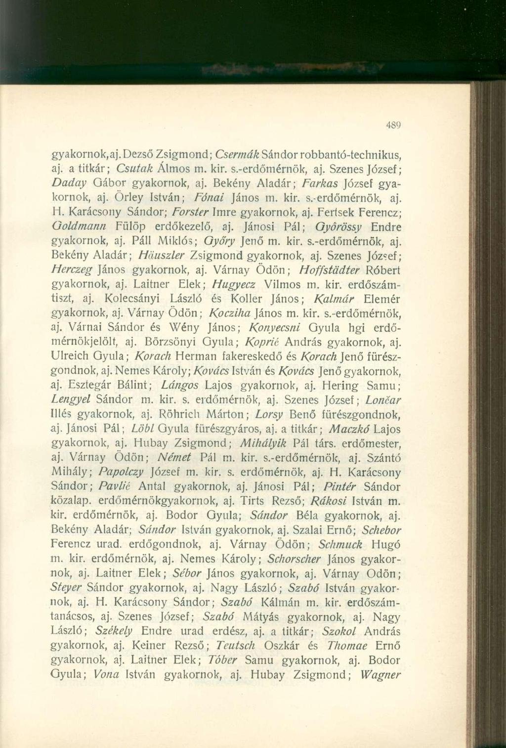 gyakornok,aj.dezső Zsigmond; Csermák Sándor robbantó-technikus, aj. a titkár; Csutak Álmos m. kir. s.-erdőmérnök, aj. Szenes Józse ; Daday Gábor gyakornok, aj.
